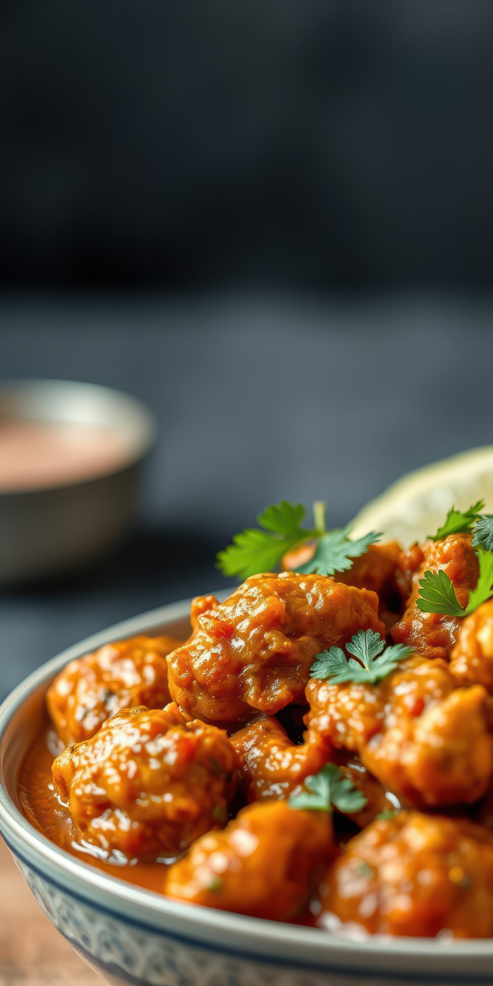 Delicious spicy chicken dish served in a bowl, garnished with fresh herbs and accompanied by a side sauce